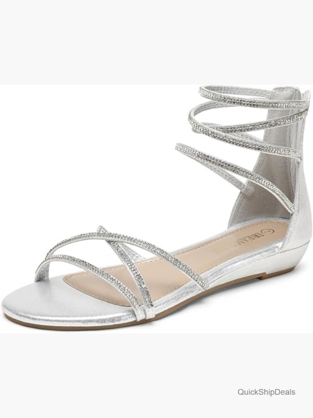 Strappy Gladiator Rhinestone Flat Sandals with Zip Closure